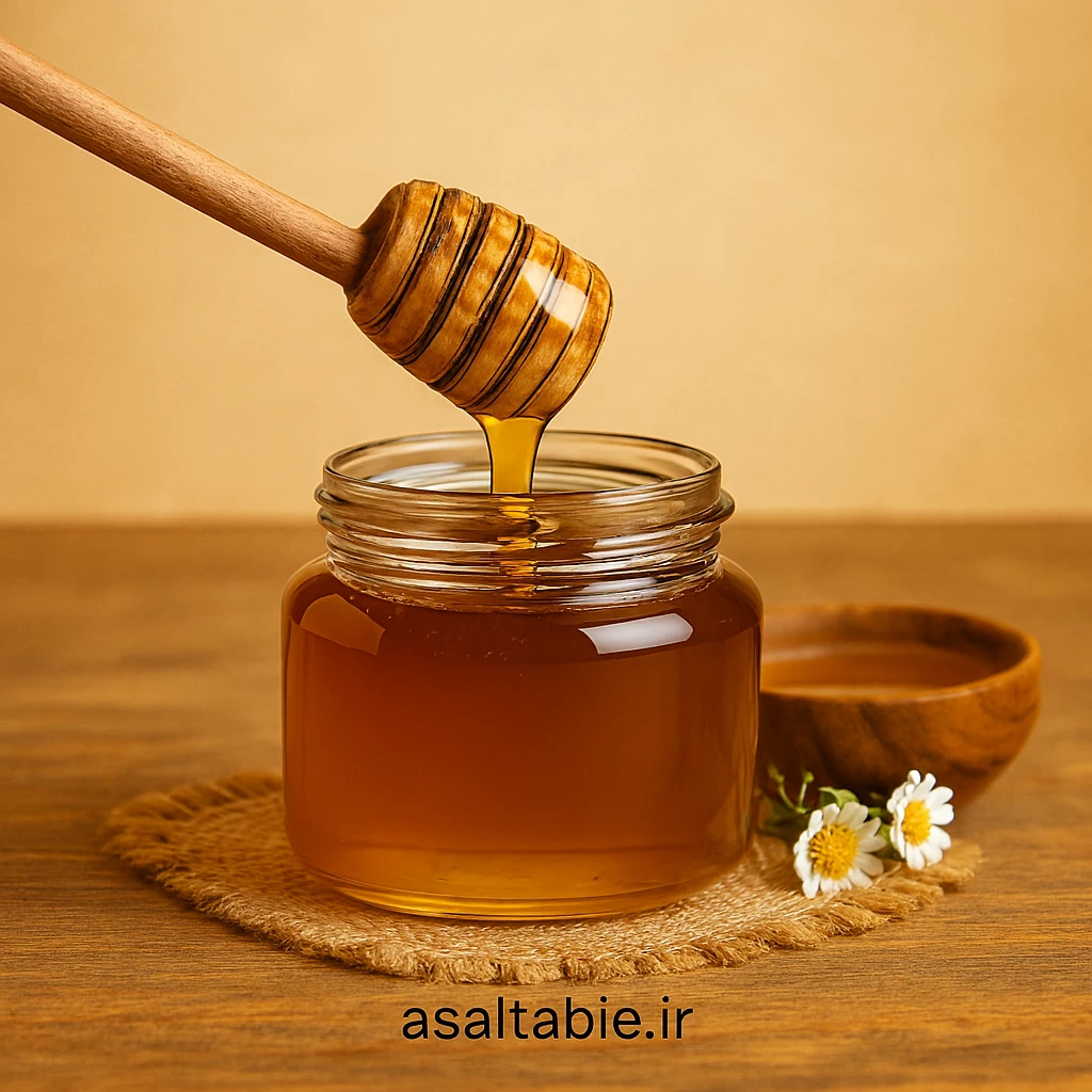 تصویر خرید عسل طبیعی شامل شیشه‌ای از عسل طلایی با قاشق چوبی، asaltabie.ir سایت عسل طبیعی
